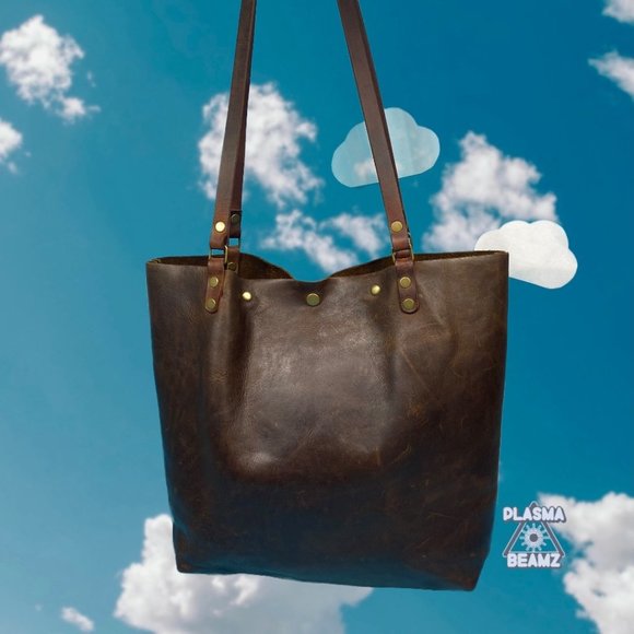 In Blue Brown Rustic Leather Tote Bag - Picture 1 of 15